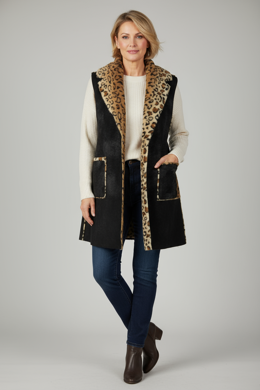 Faux Suede Leopard Longline Gilet