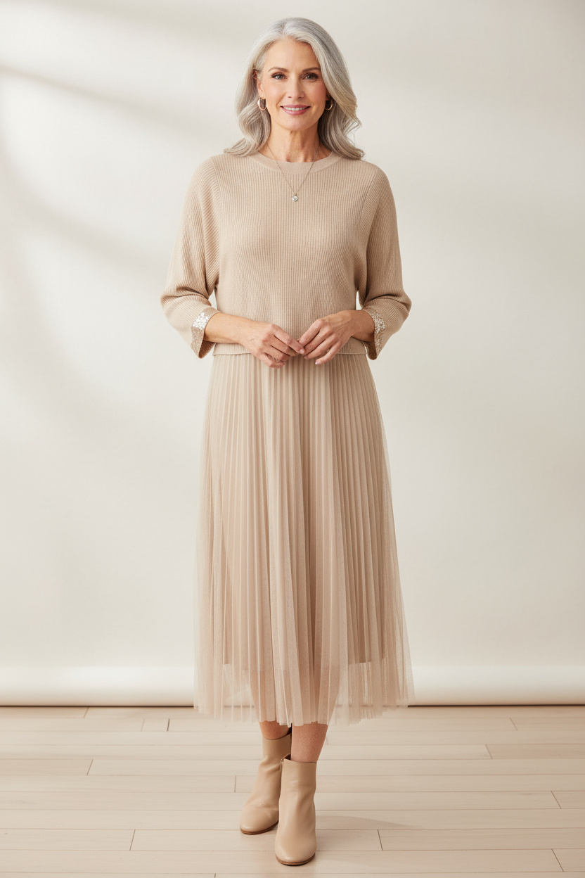 2 Piece Ribbed Top Mesh Dress
