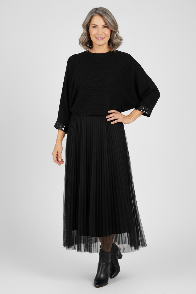 2 Piece Ribbed Top Mesh Dress