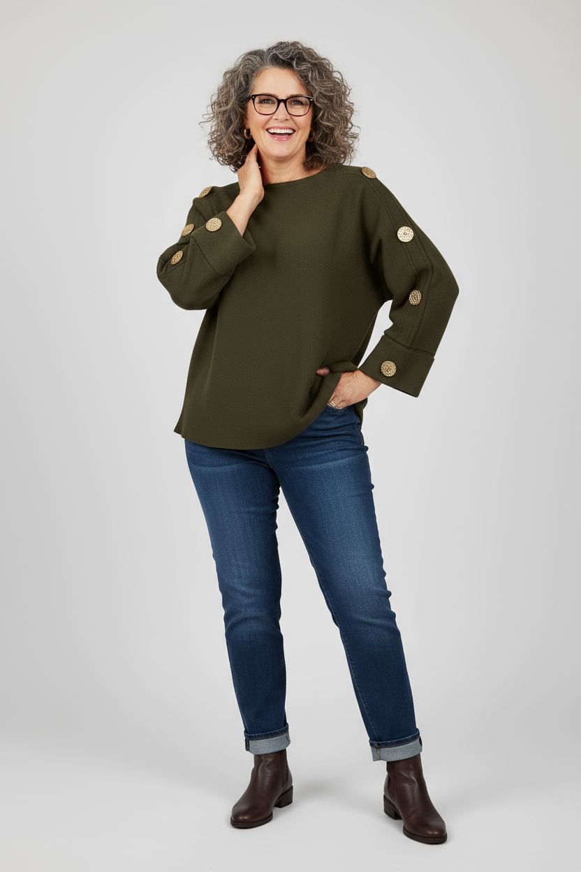 Button Detail 3/4 Sleeve Heavy Knit Jumper