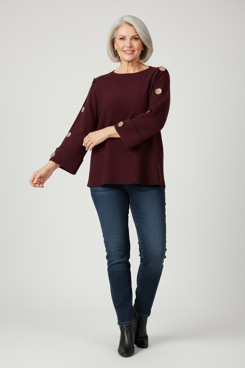 Button Detail 3/4 Sleeve Heavy Knit Jumper