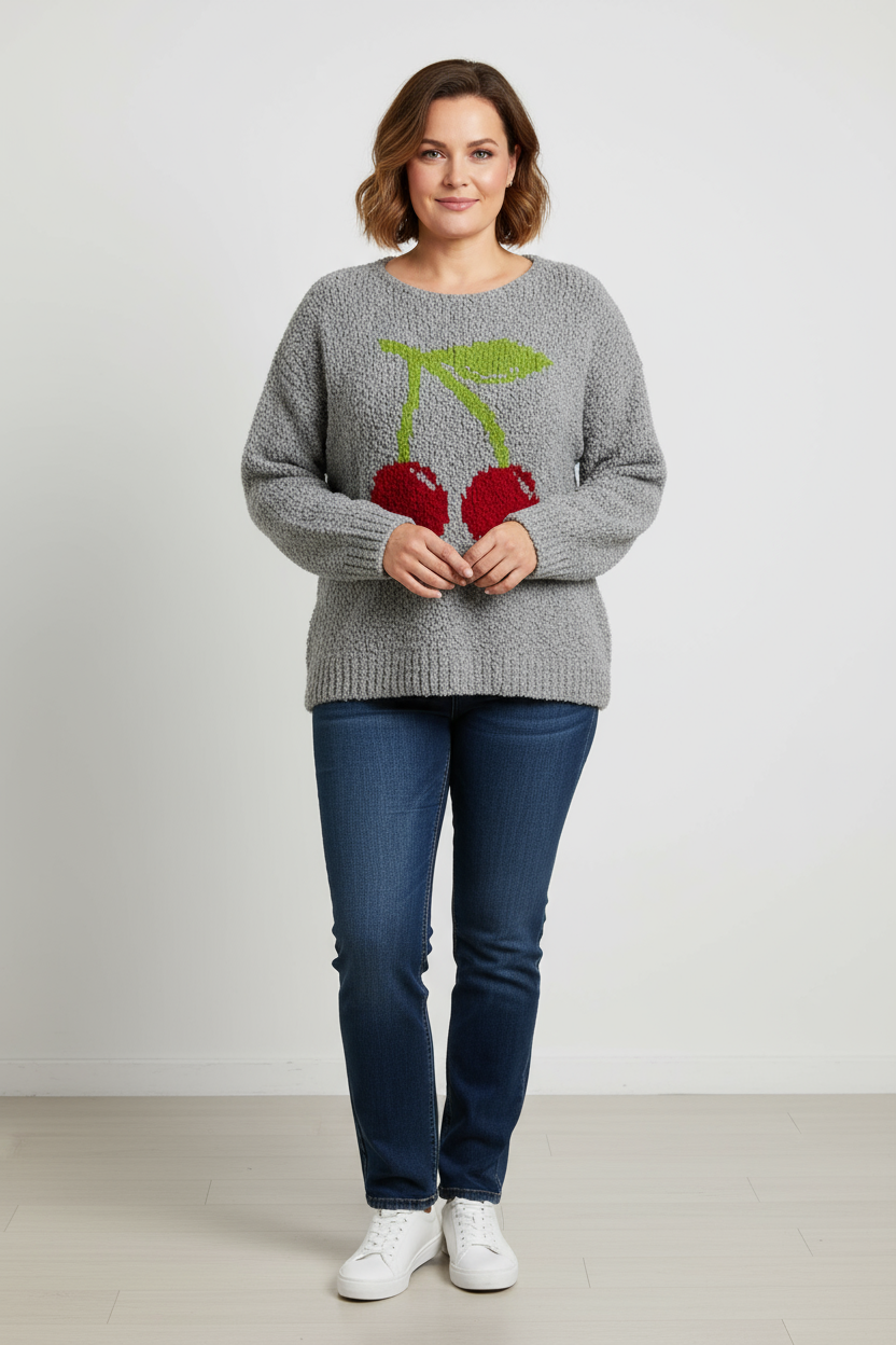 Cherry Pattern Boucle Wool Jumper