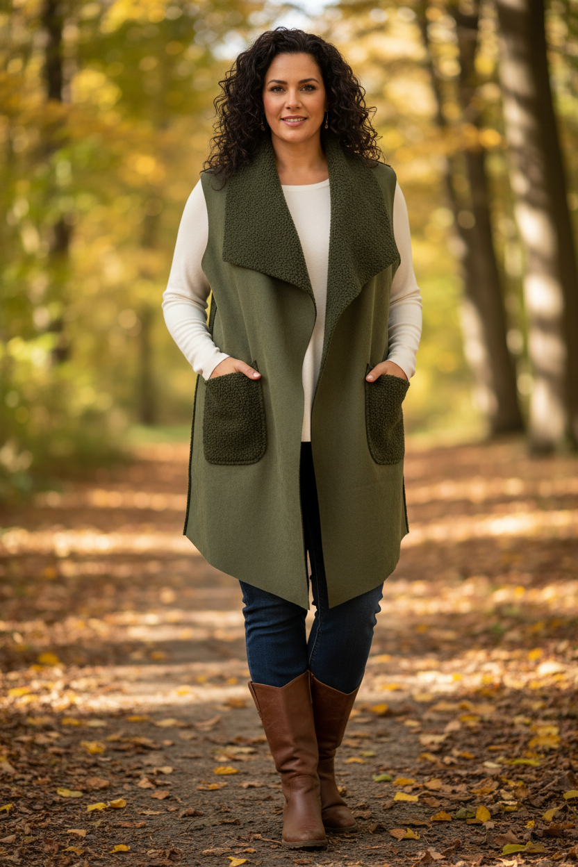 Ladies Italian Lagenlook Waterfall Suede Boucle Gilet Waistcoat