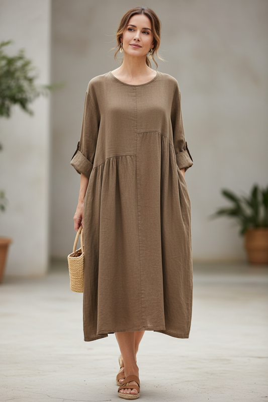 Pleat Panel Linen Dress