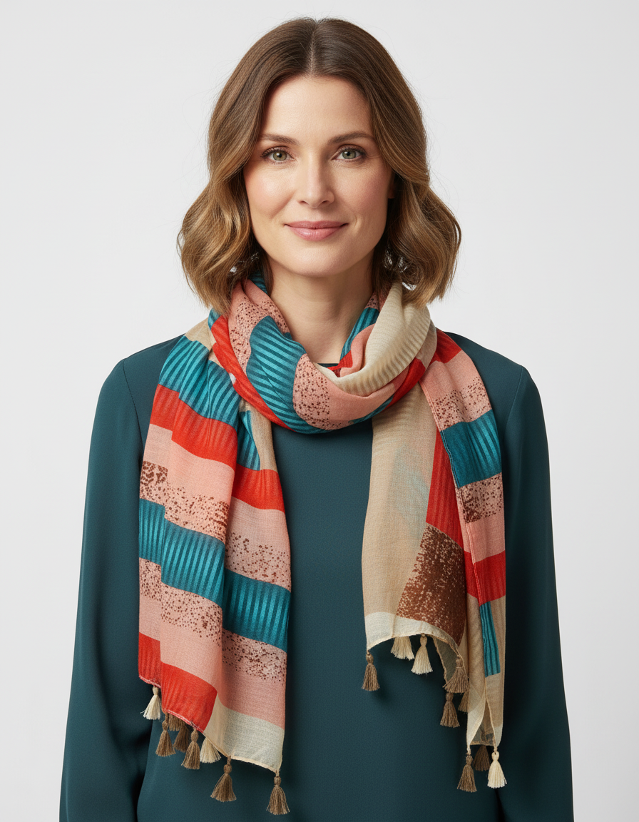 Grid Pattern Tassel Hem Scarf