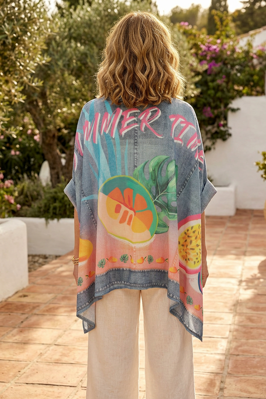 Tropical Fruit Print Denim Look Shirt