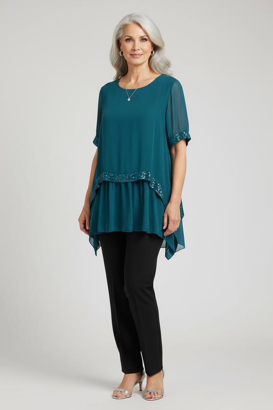 Sequin Trim Layered Hem Silk Blouse