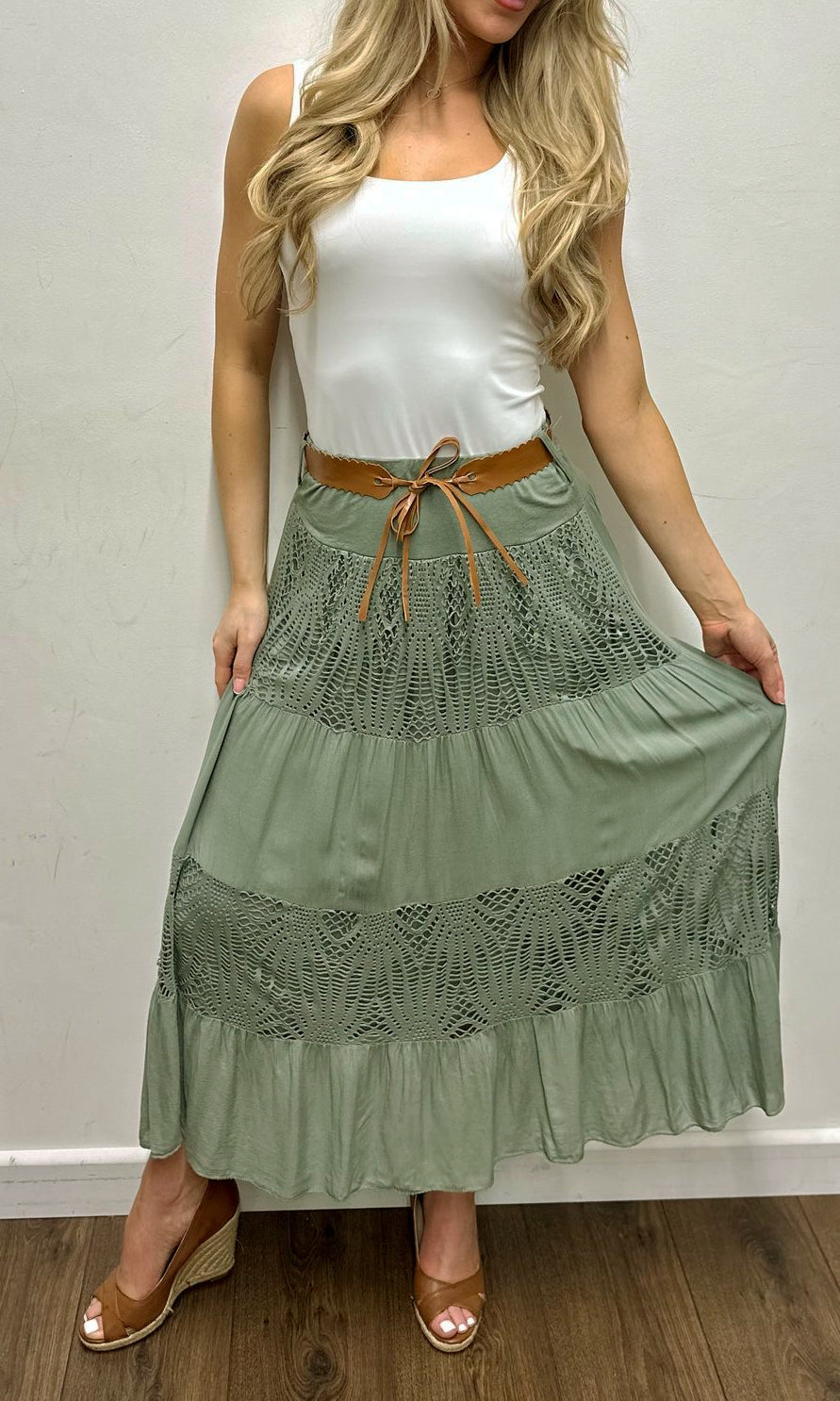 Crochet Tiered Belt Midi Skirt