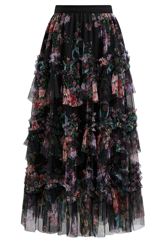 Floral Mesh Tulle Midi Skirt