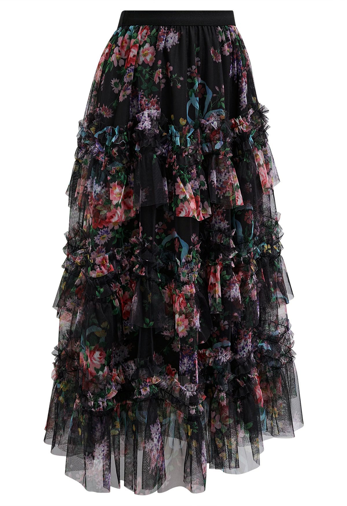 Floral Mesh Tulle Midi Skirt