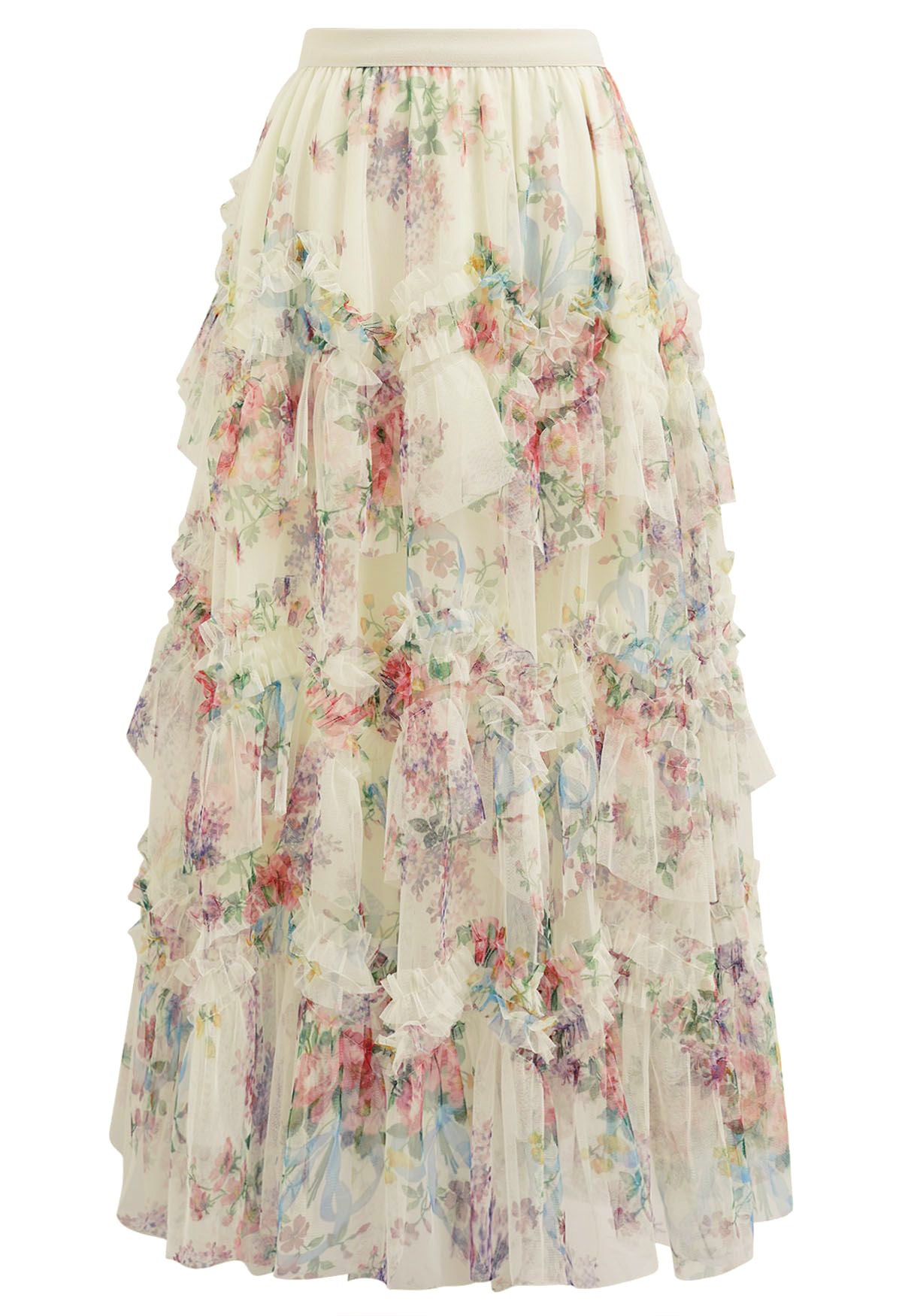 Floral Mesh Tulle Midi Skirt