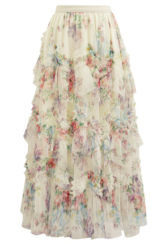 Floral Mesh Tulle Midi Skirt