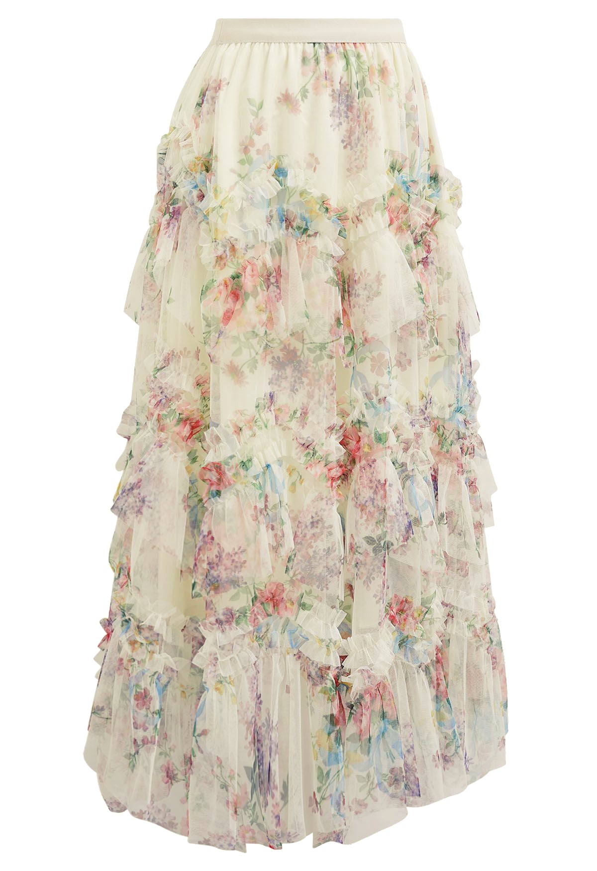 Floral Mesh Tulle Midi Skirt