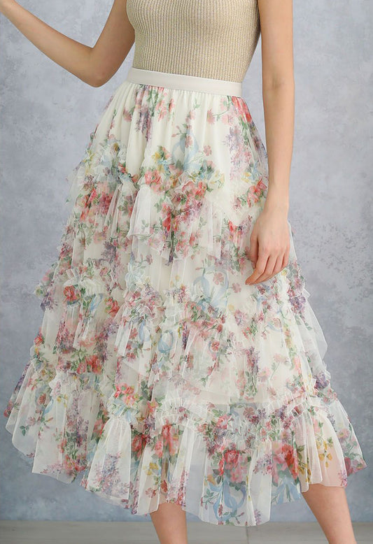 Floral Mesh Tulle Midi Skirt