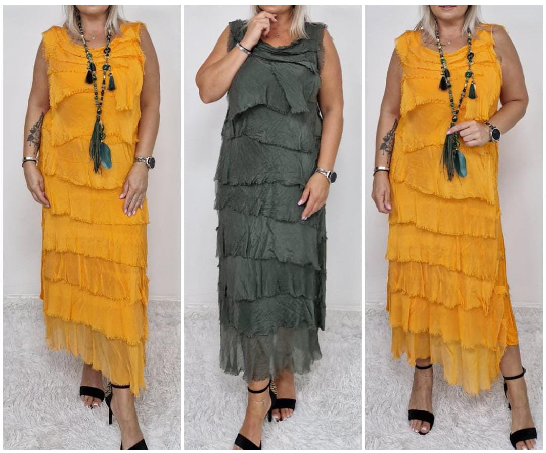 Sleeveless Frayed Detail Silk Midi