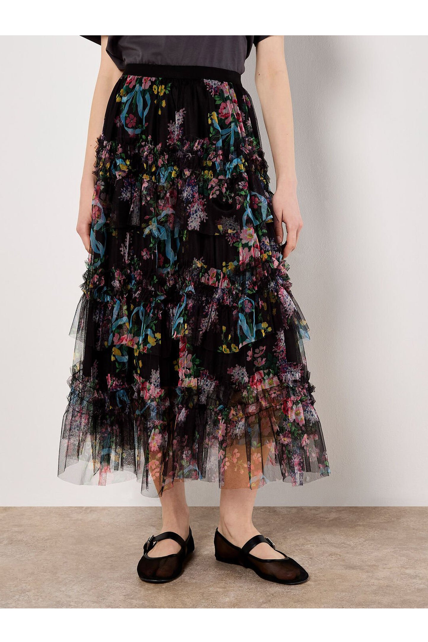 Floral Mesh Tulle Midi Skirt
