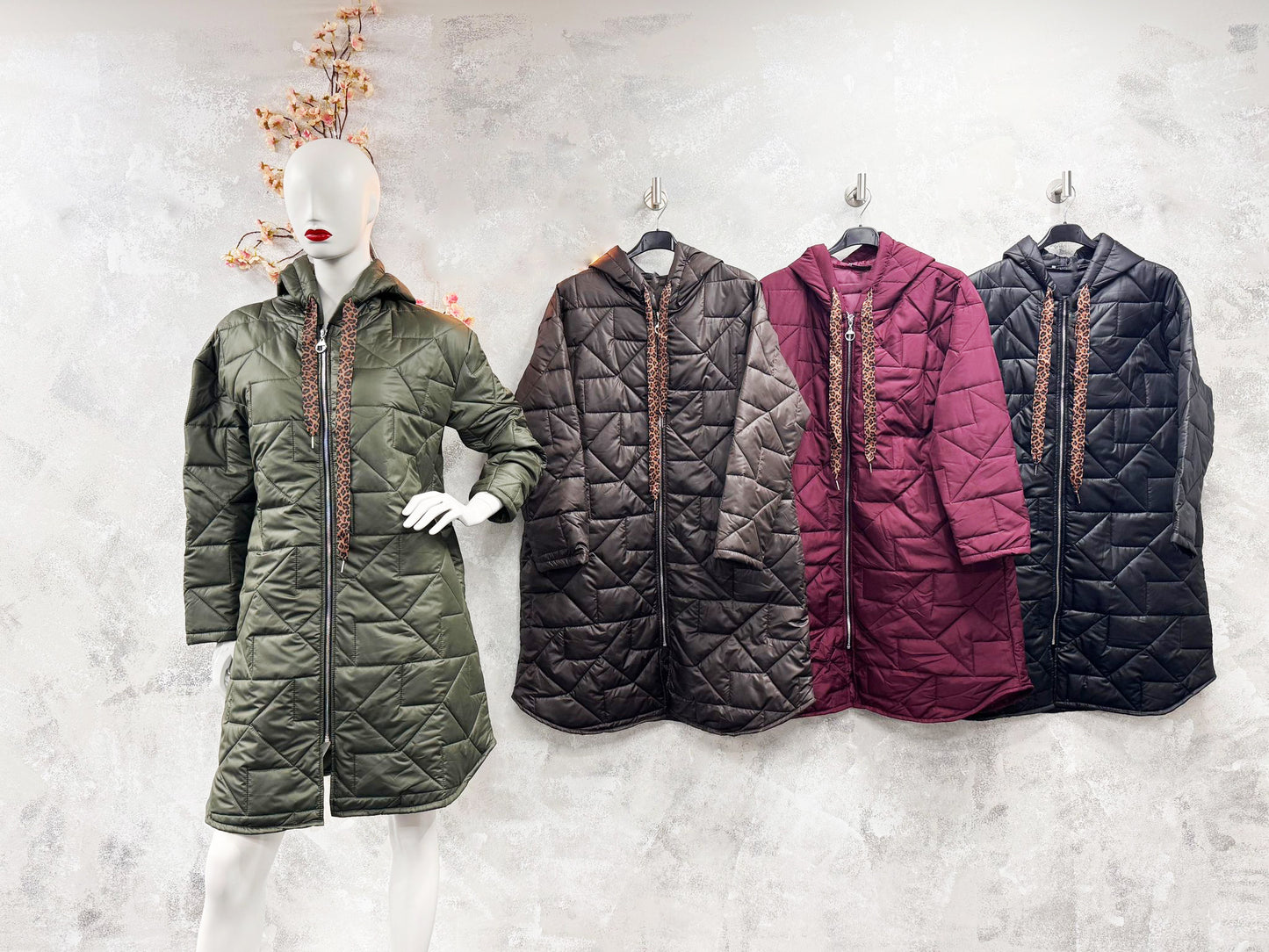 Leopard Print Tie Hooded Quilted Coat