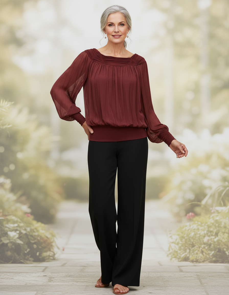 Ruched Neck Silk Blouse