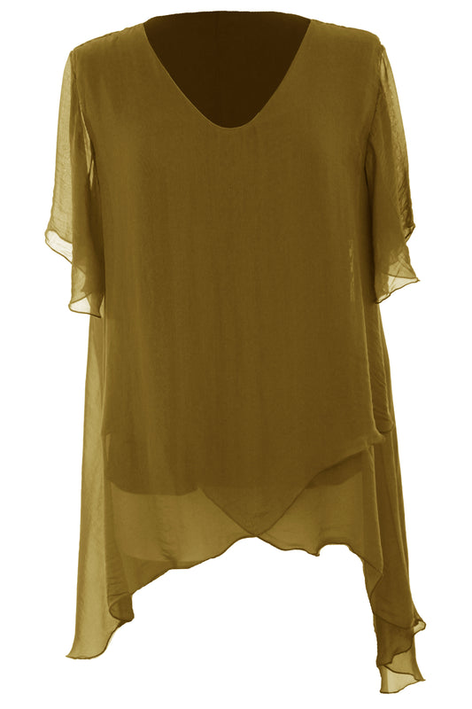 V Neck Crossover Hem Silk Blouse