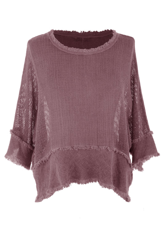 Frayed Trim Linen Mesh Top