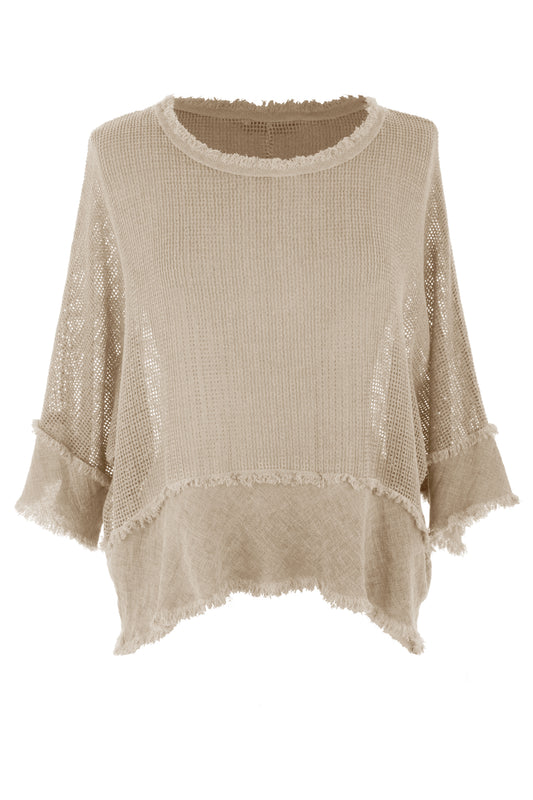 Frayed Trim Linen Mesh Top