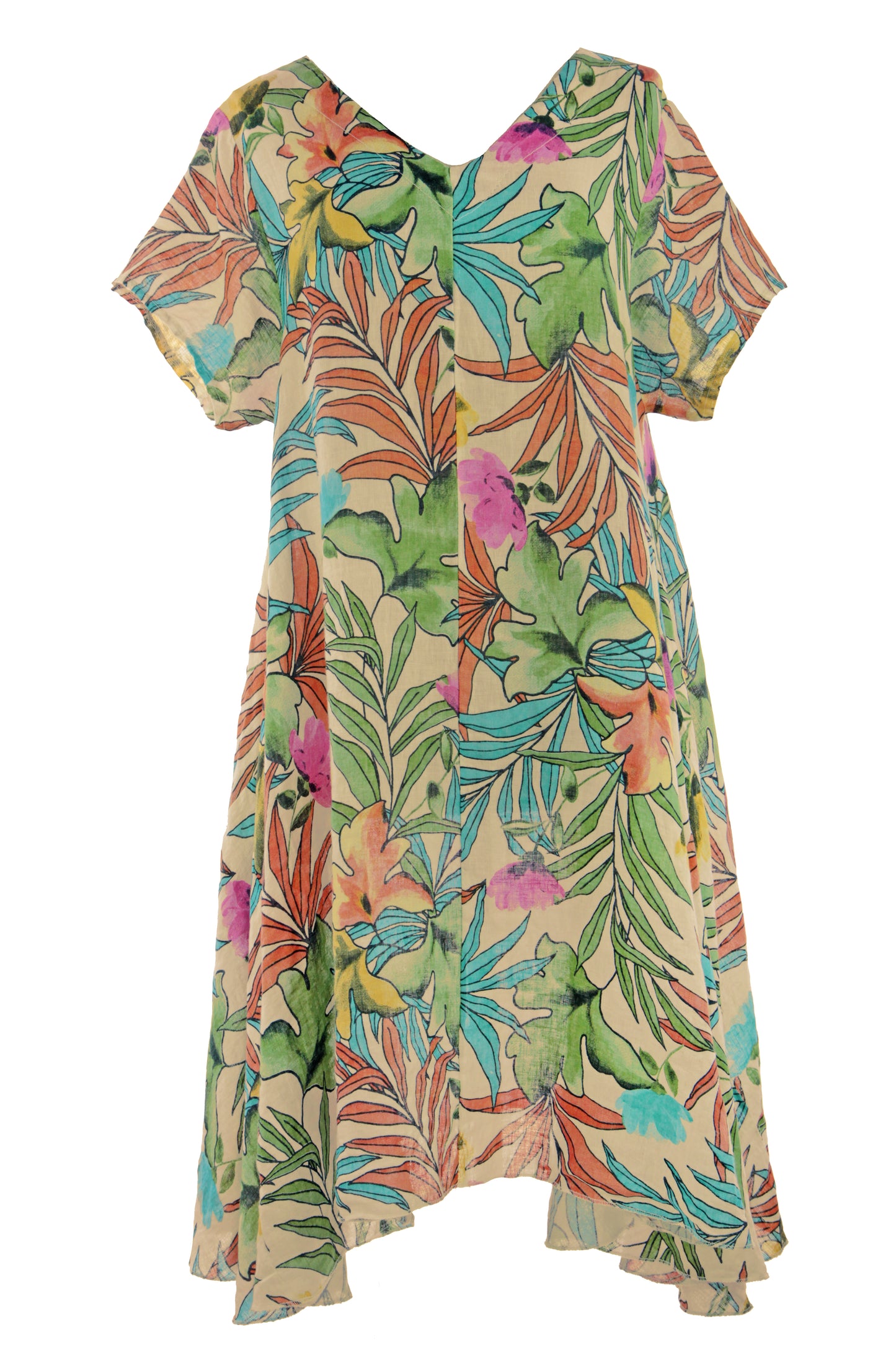 Tropical Print Linen Dress