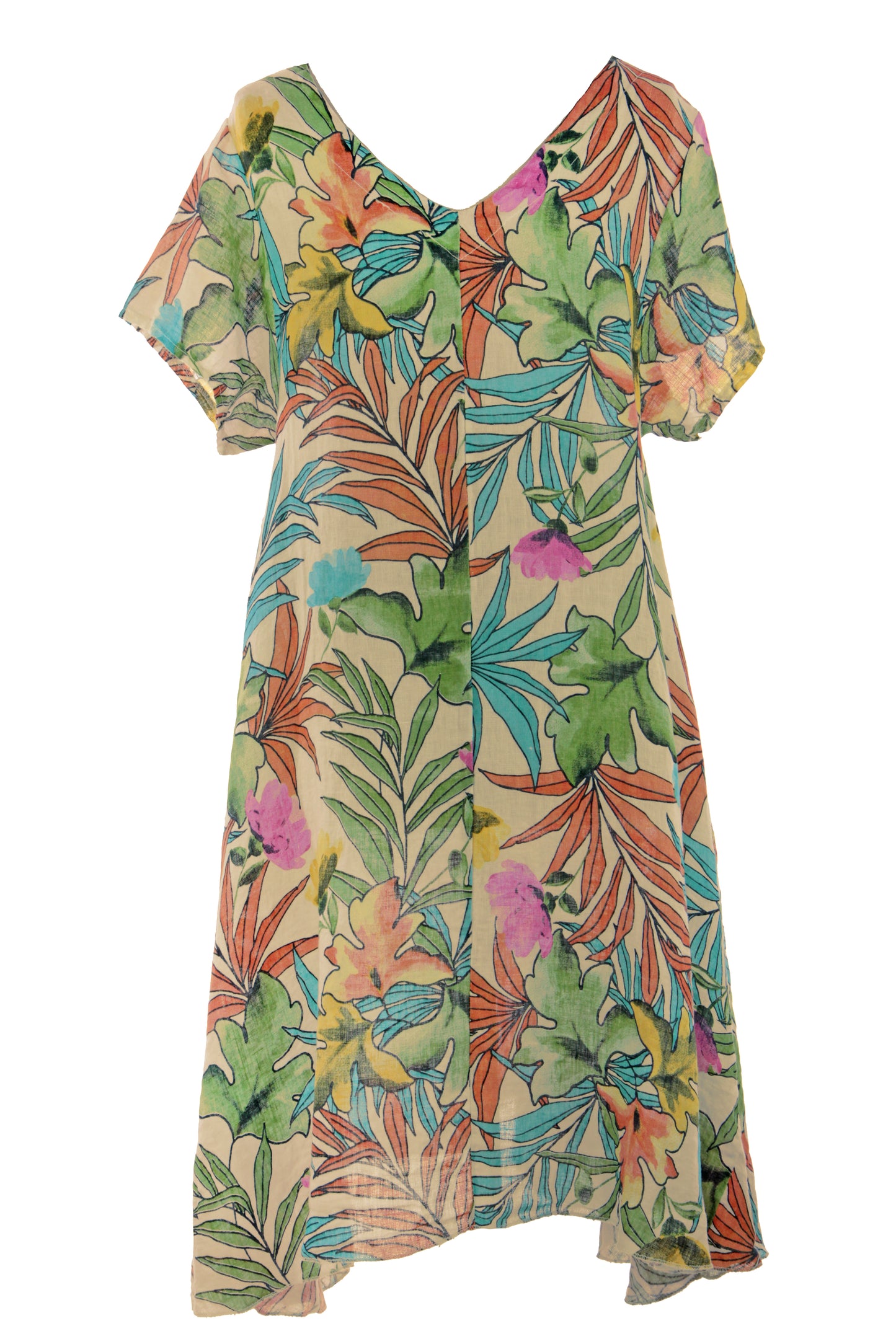 Tropical Print Linen Dress
