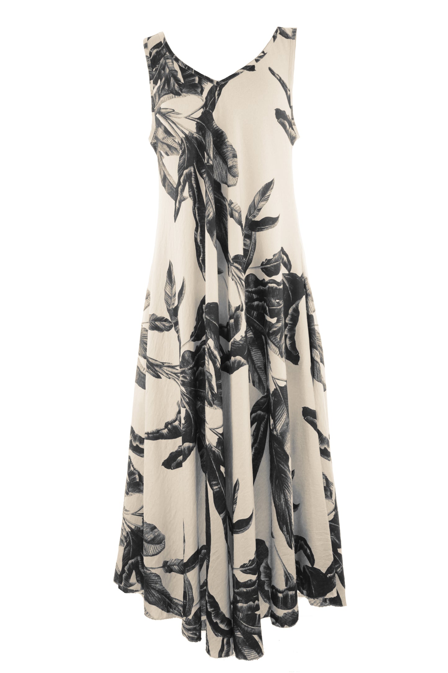 Sleeveless V Neck Palm Print Dress