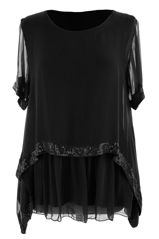 Sequin Trim Layered Hem Silk Blouse
