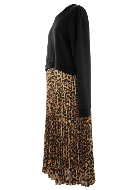 Leopard Print Pleated Satin Midi