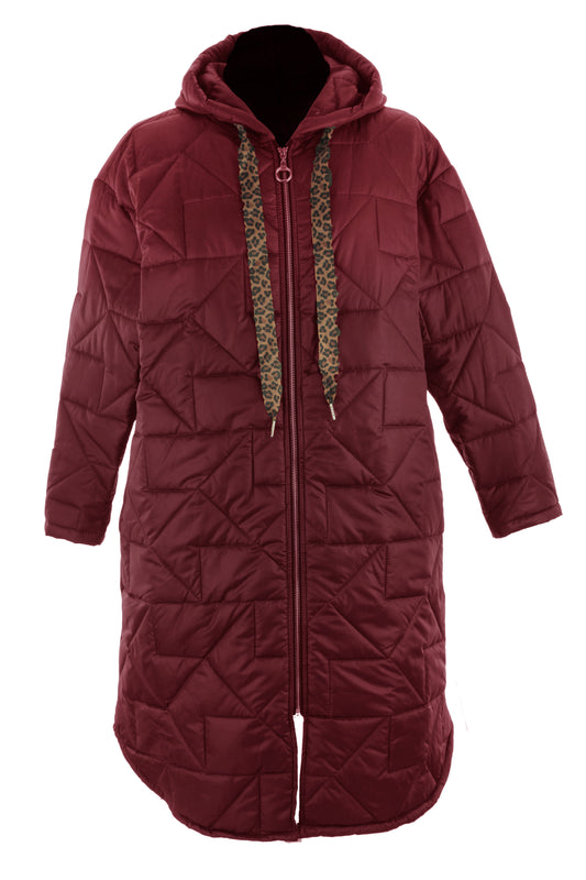 Leopard Print Tie Hooded Quilted Coat