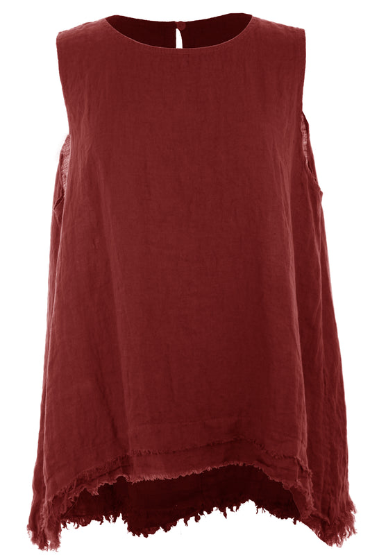 Sleeveless Frayed Trim Linen Top