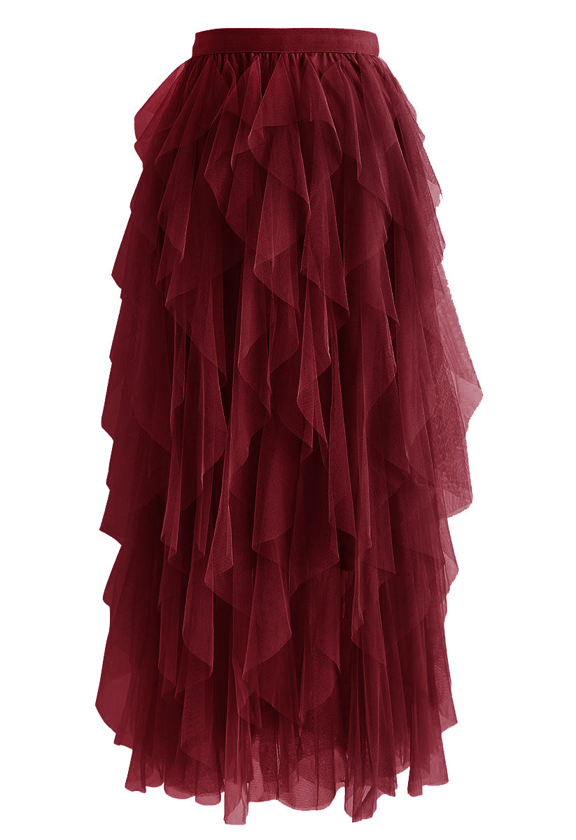 Ruffle Tulle Midi Skirt