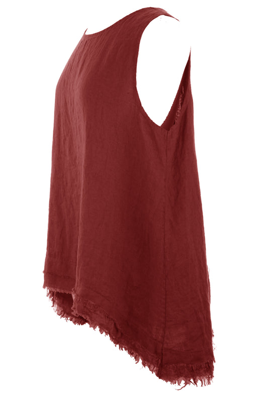 Sleeveless Frayed Trim Linen Top