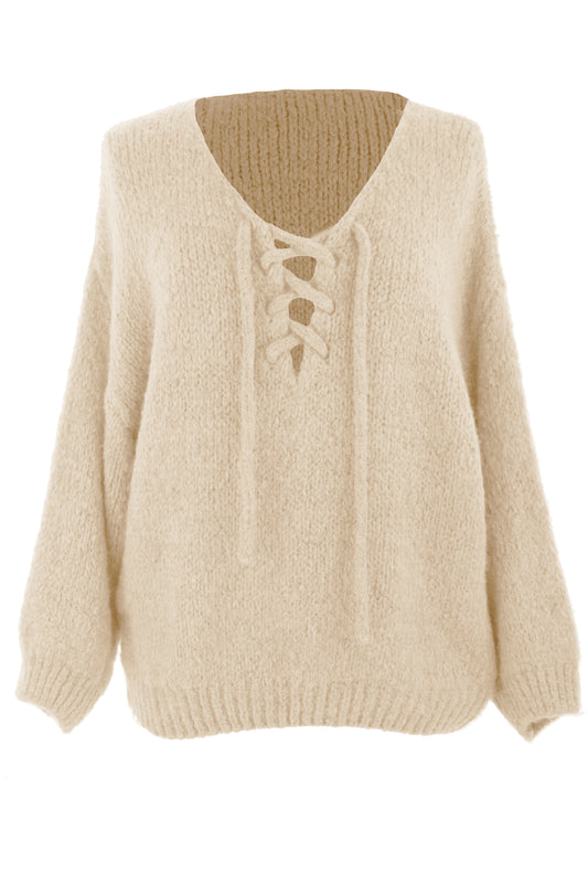 Lace Up Neck Wool Knit Jumper