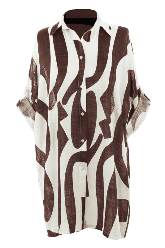 Abstract Print Longline Linen Shirt
