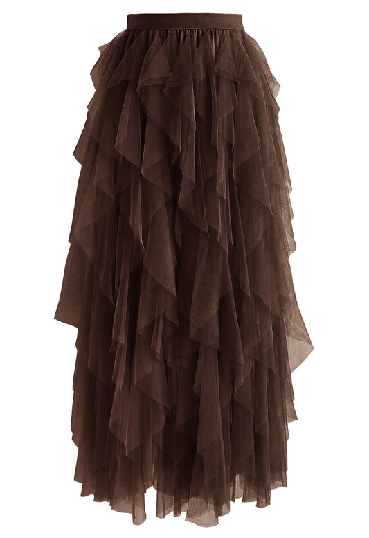 Ruffle Tulle Midi Skirt