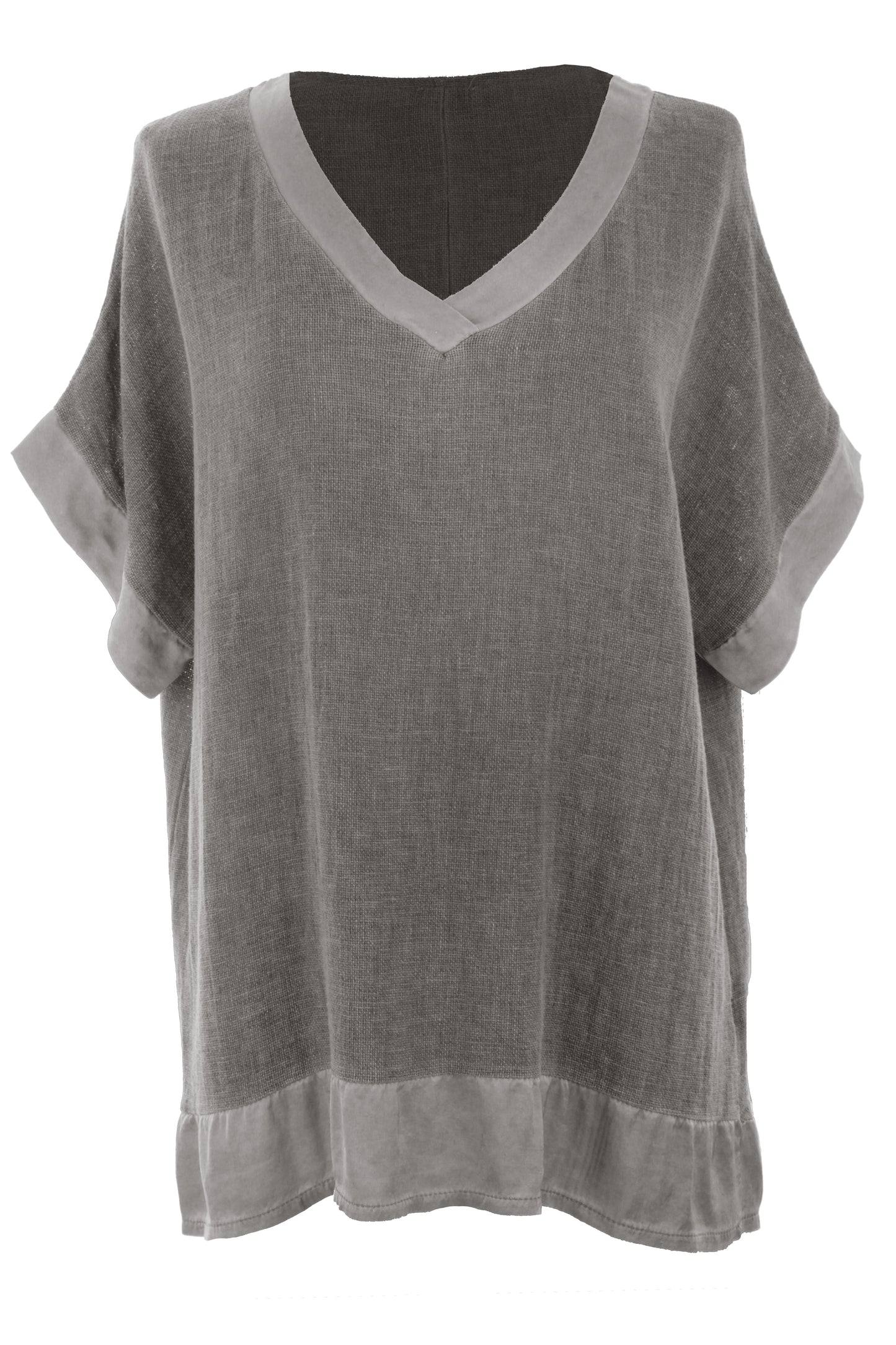 Satin Trim V Neck Teabag Linen Blouse