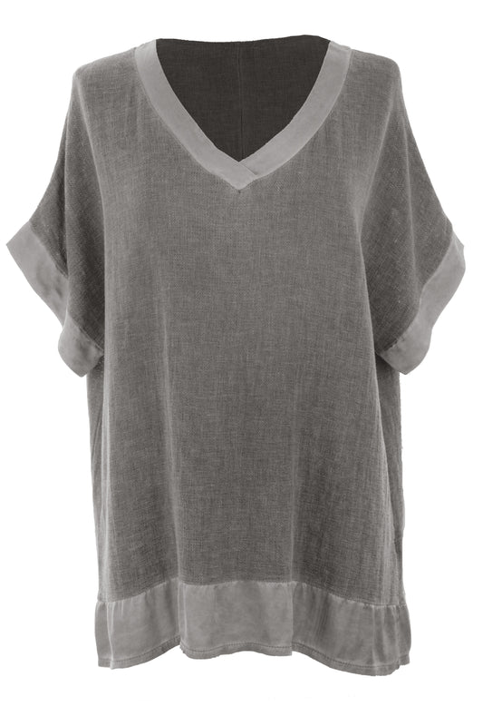 Satin Trim V Neck Teabag Linen Blouse