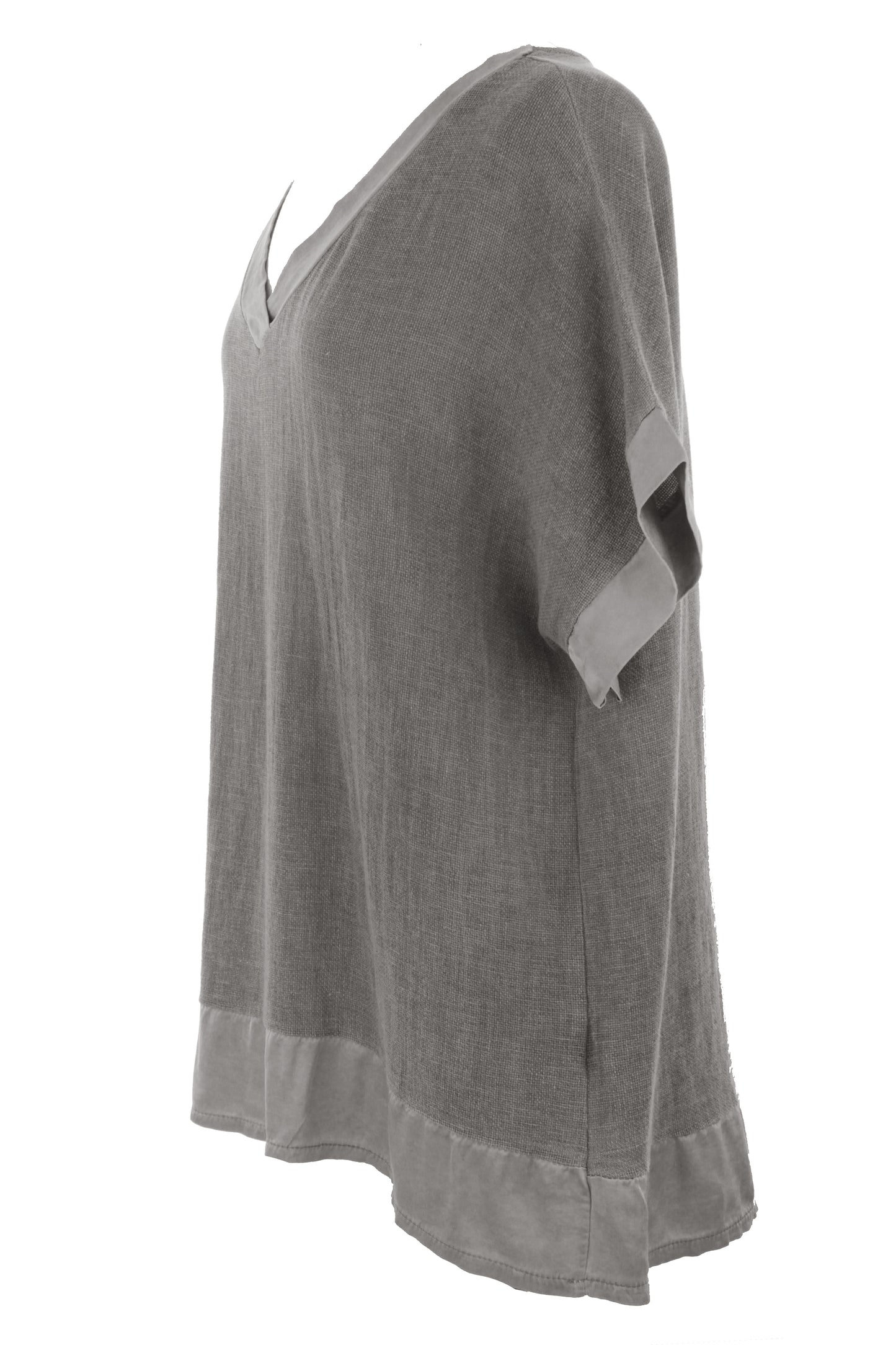 Satin Trim V Neck Teabag Linen Blouse