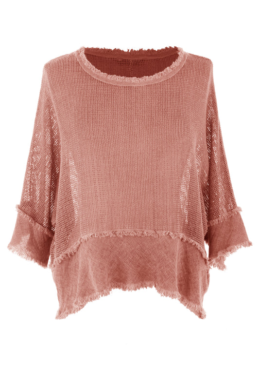 Frayed Trim Linen Mesh Top