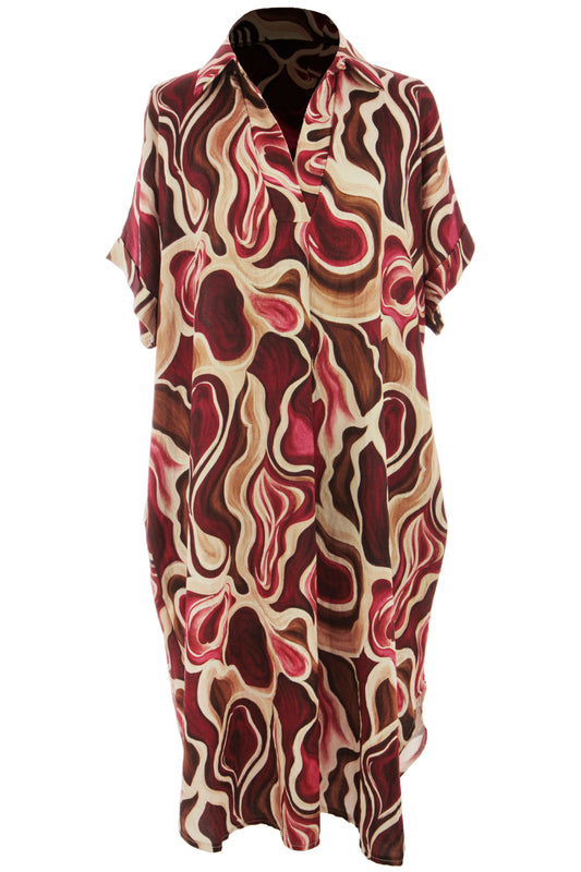 Batwing Collar Abstract Print Midi