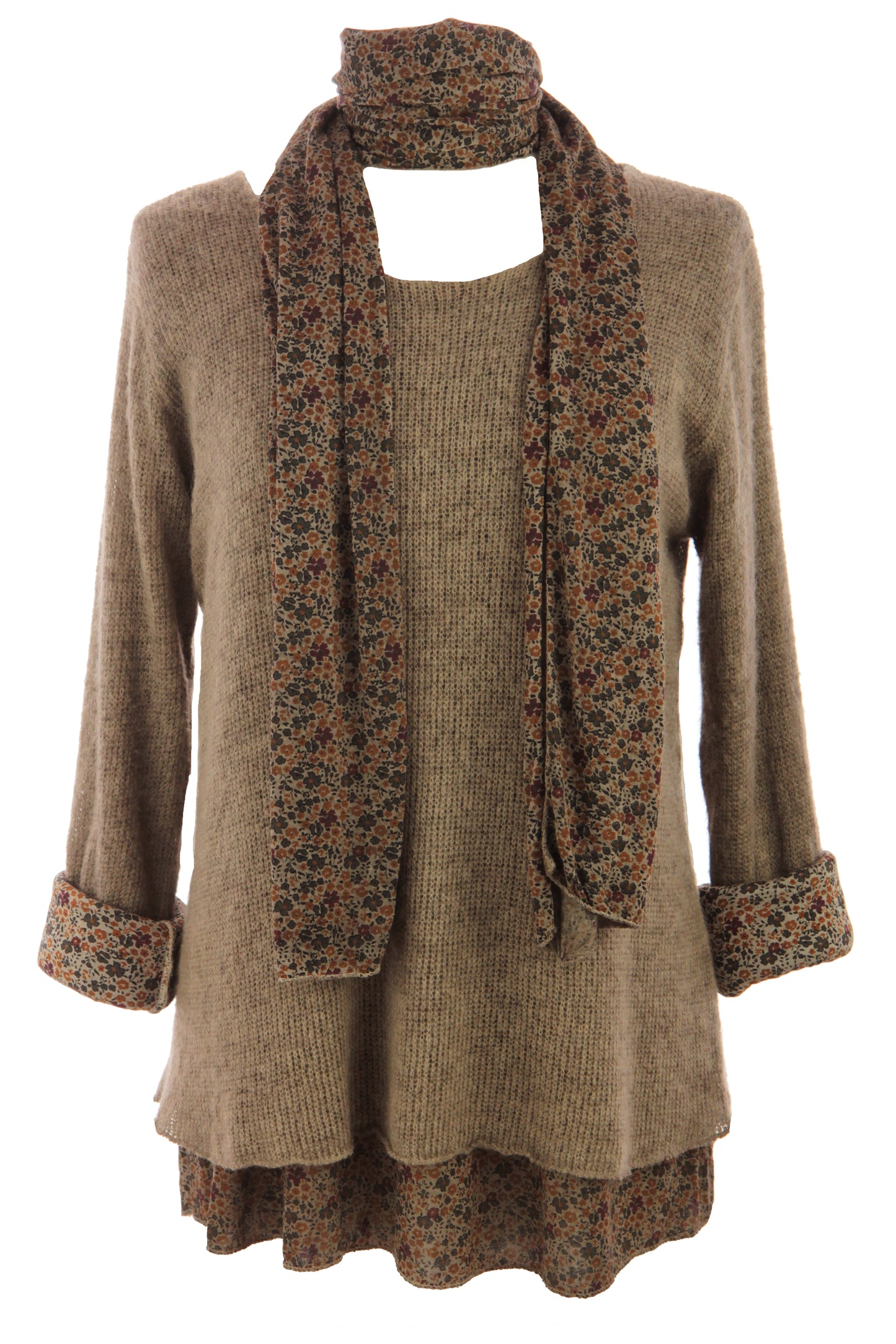 2 Piece Floral Scarf Mohair Knit Blouse