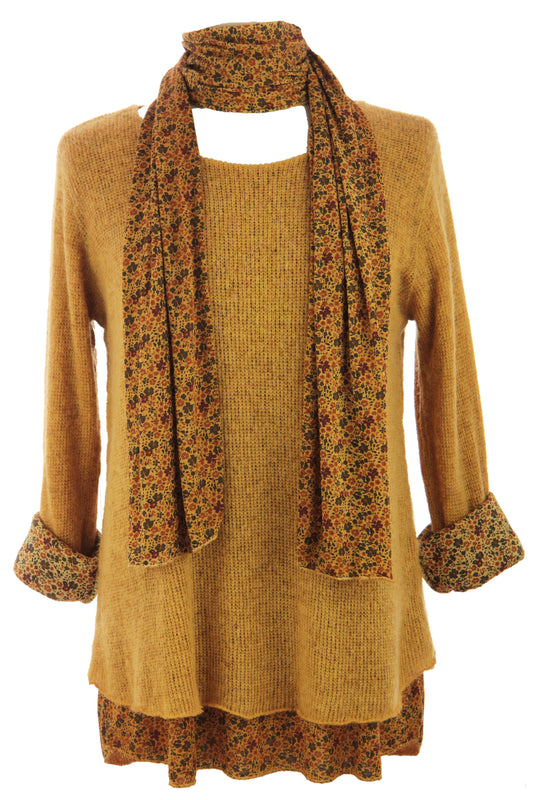 2 Piece Floral Scarf Mohair Knit Blouse