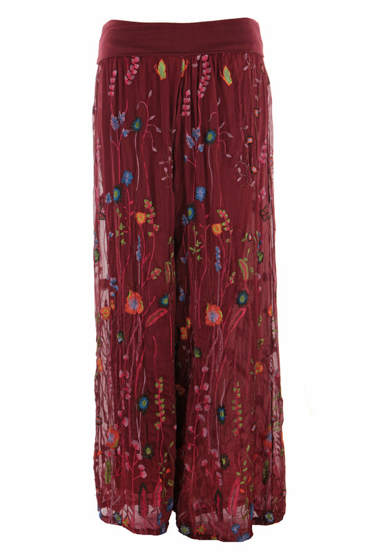 Floral Embroidery Silk Trouser