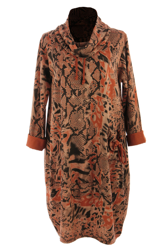 Abstract Leopard Print Cowl Neck Dress