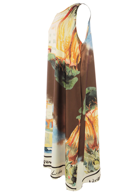 Watercolour Landscape Print Satin Midi