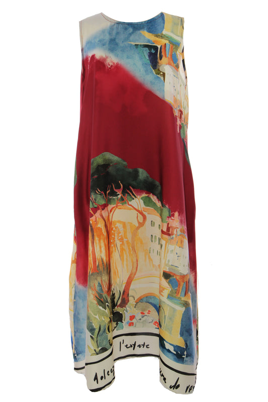 Watercolour Landscape Print Satin Midi