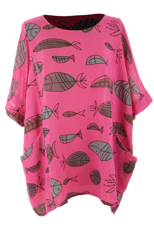 2 Pocket Fish Print Cotton Blouse