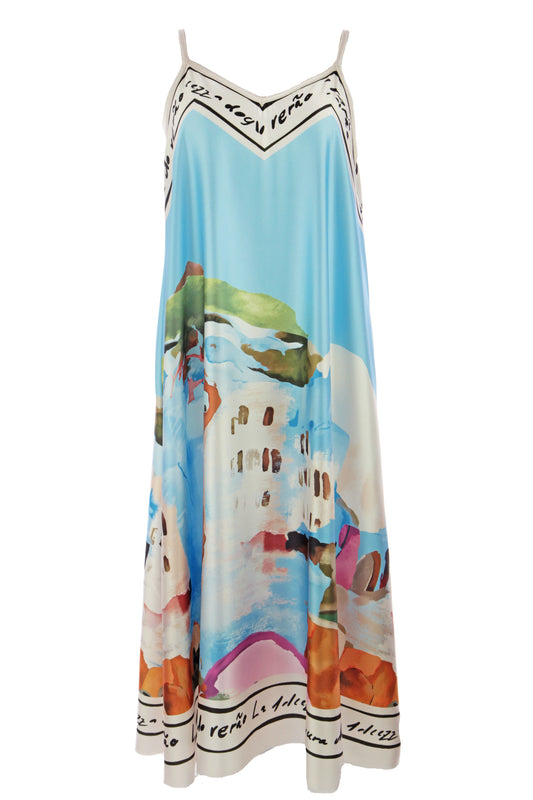 Strappy Watercolour Landscape Print Satin Midi